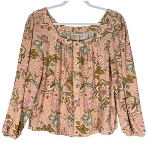 Spartina 449 Pink Floral Square Neck Peasant Blouse Sz S Button Front Coastal
